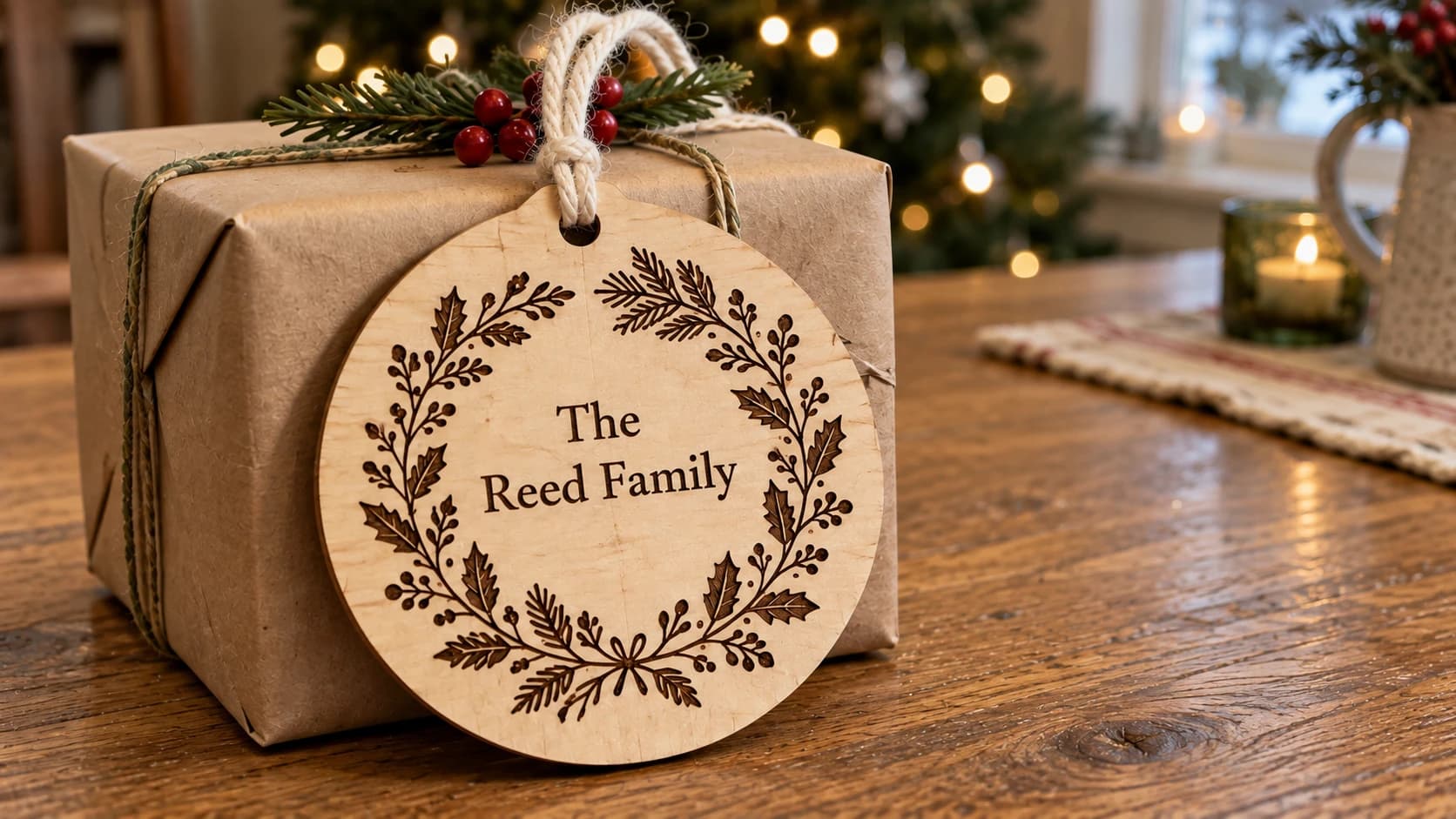 Birch Reed family ornament with a botanical wreath tied to a kraft-wrapped gift