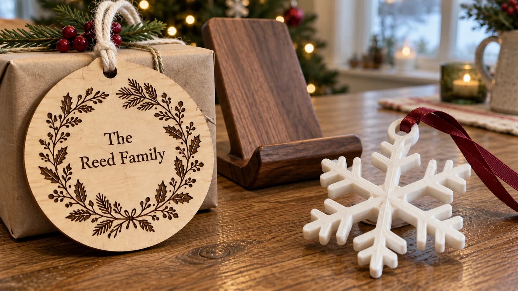 White printed snowflake ornament with connected branches and a burgundy hanging ribbon