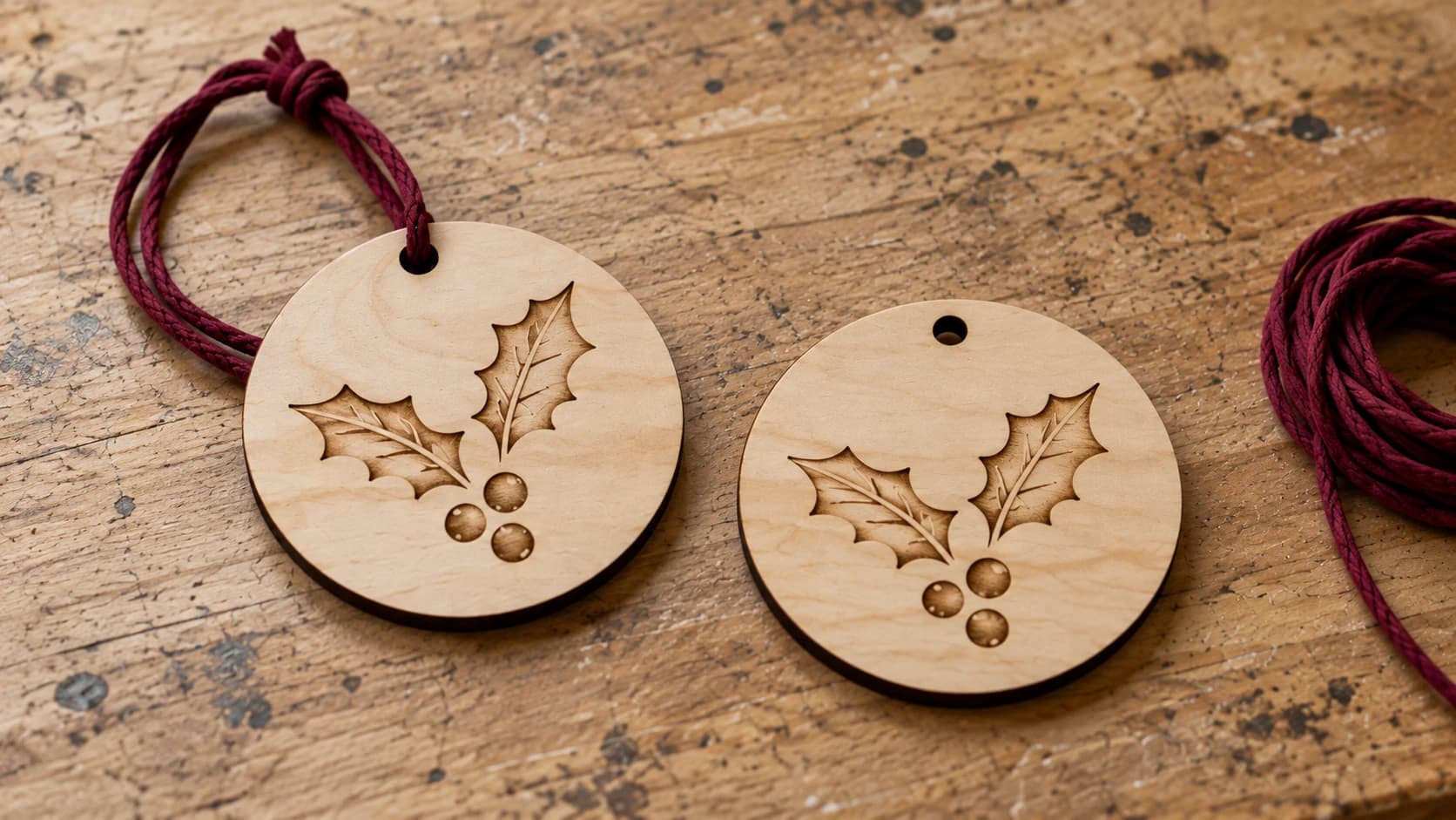 The same holly ornaments before and after their burgundy hanging cords are fitted