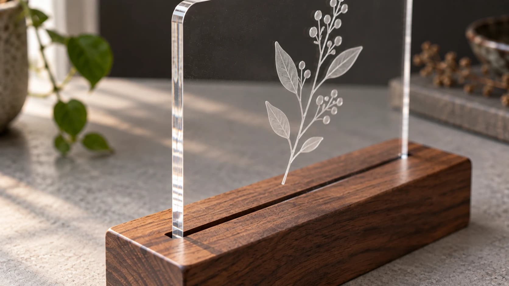 Close-up of frosted botanical engraving on a clear acrylic panel seated in a walnut slot