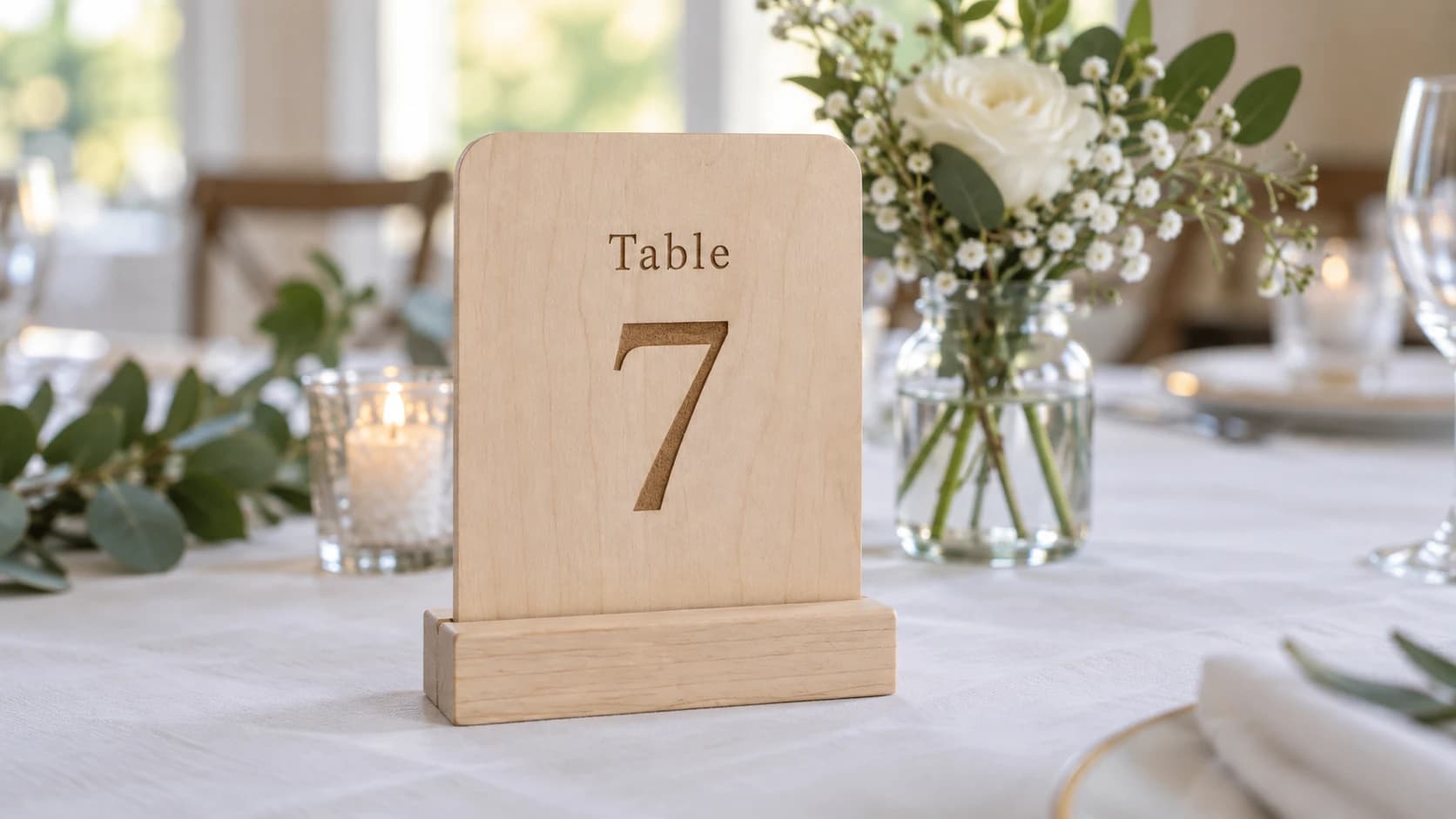 Birch Table 7 sign supported in a wooden slot base on a white linen reception table