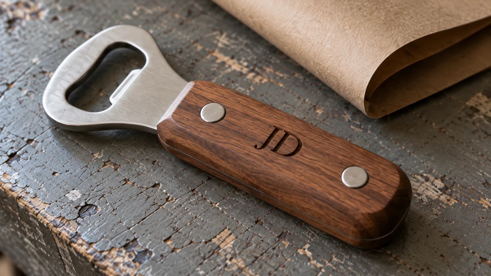 JD engraving between the two metal rivets of the wooden bottle-opener handle