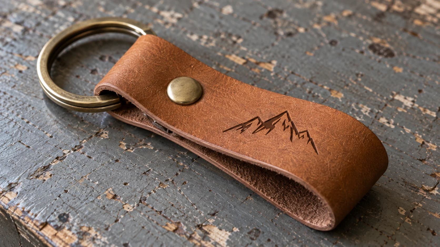 Folded tan leather key fob with a mountain mark, brass rivet and split ring