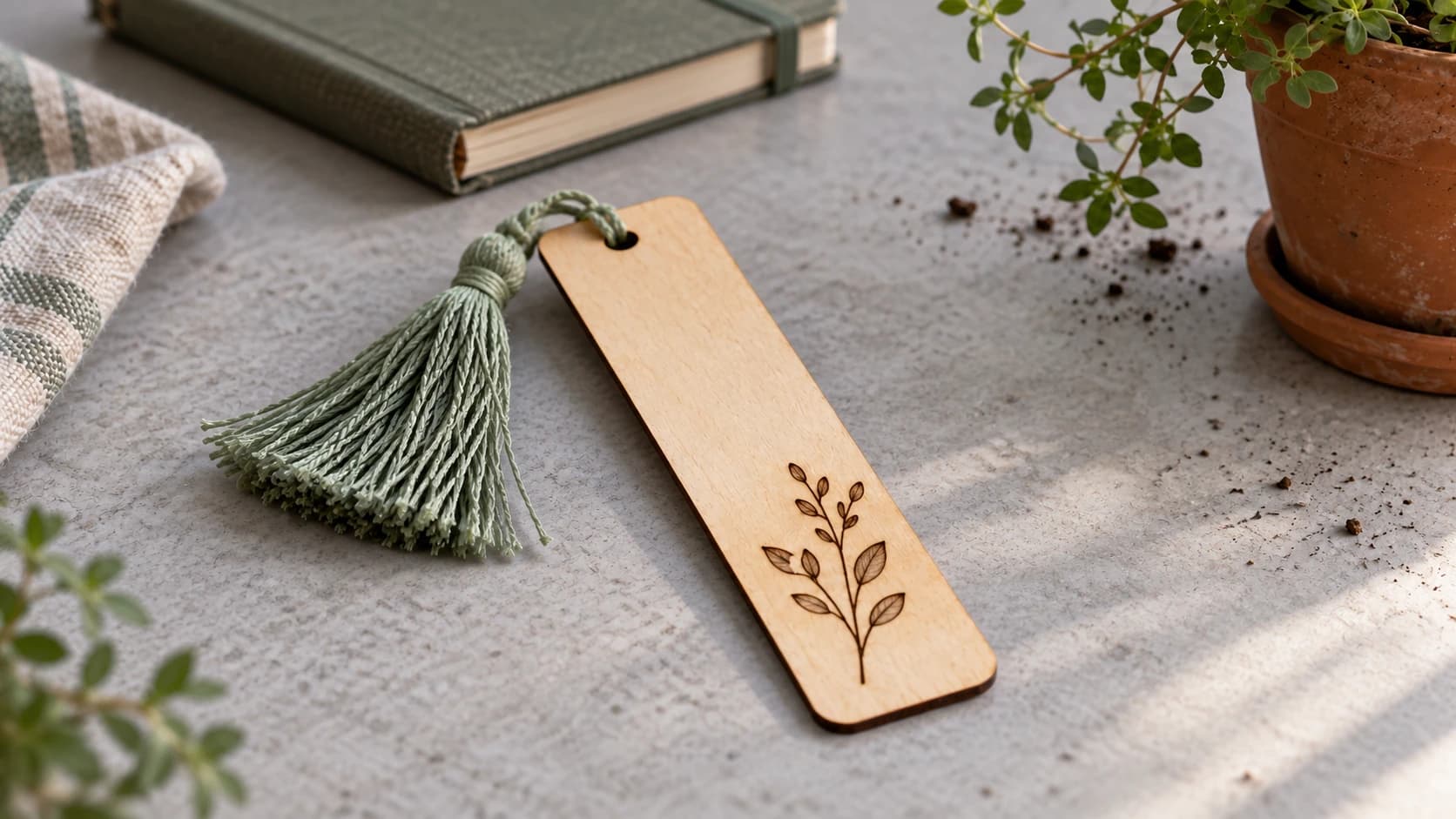 Close-up of a birch bookmark with a botanical mark and a sage tassel through its hole