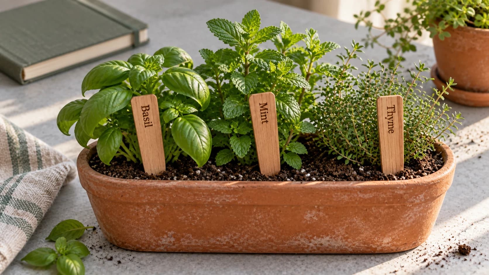 Basil, mint and thyme markers inserted in a terracotta planter on the same craft table