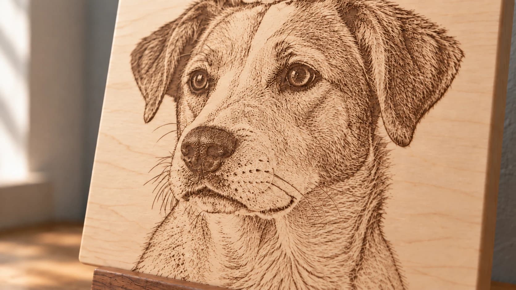 Fine brown dog portrait linework on the same maple plaque