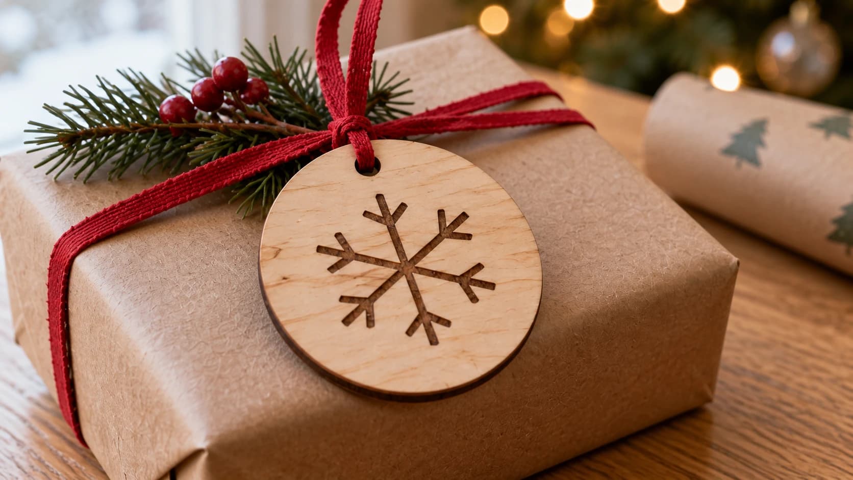Close-up of a red ribbon threaded through a wooden snowflake ornament on a wrapped gift