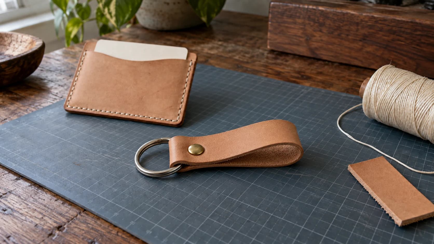 A tan leather key fob secured around a steel ring with a brass rivet