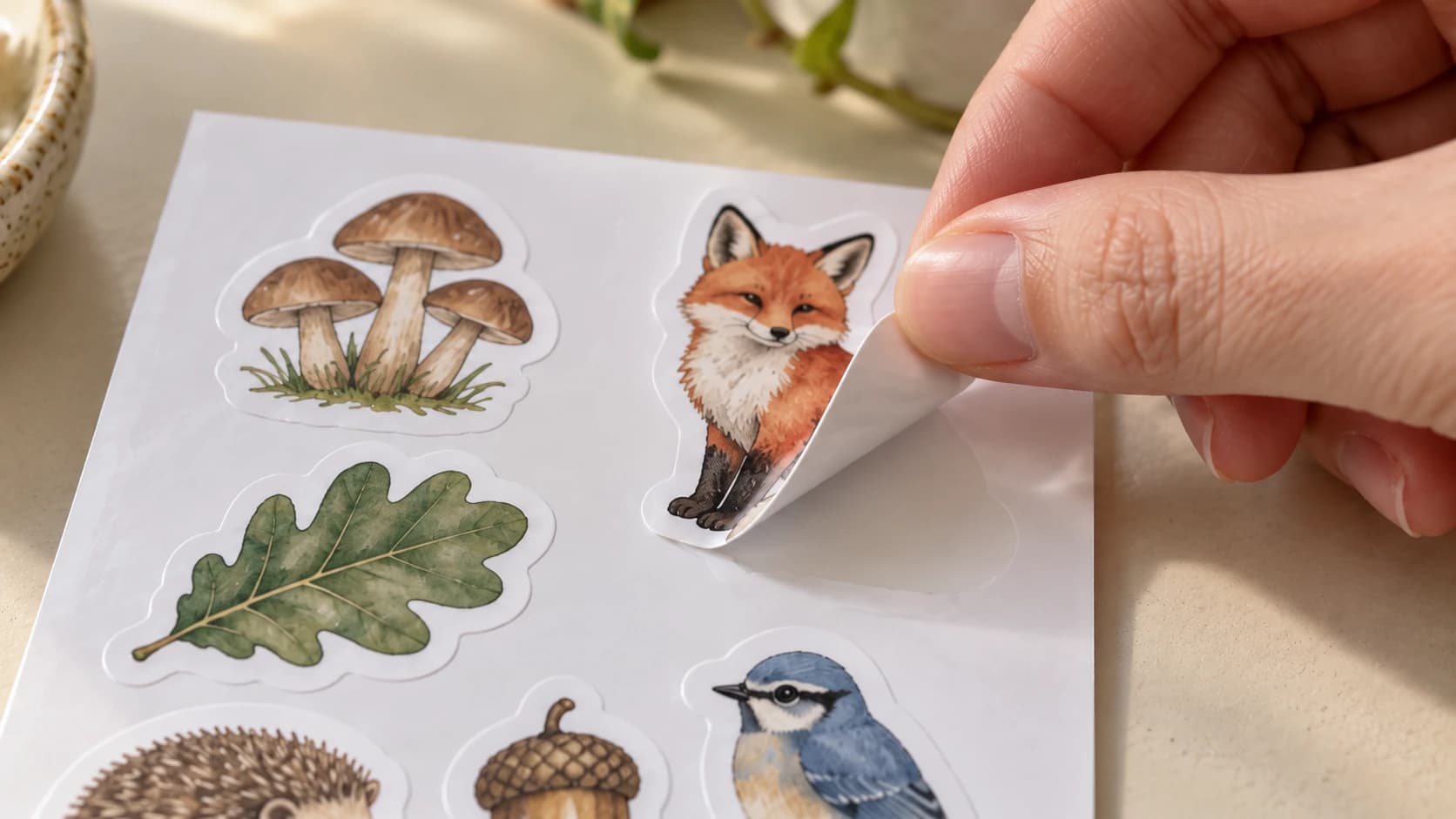 The fox sticker bending away from its intact white release liner