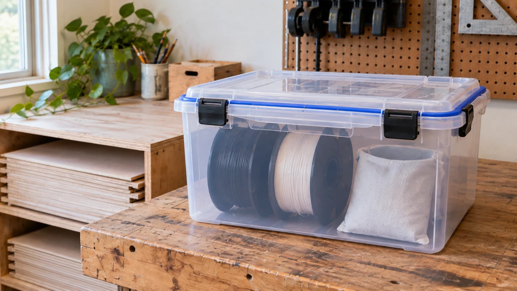 Closed filament storage box beside the same supported sheet-storage rack