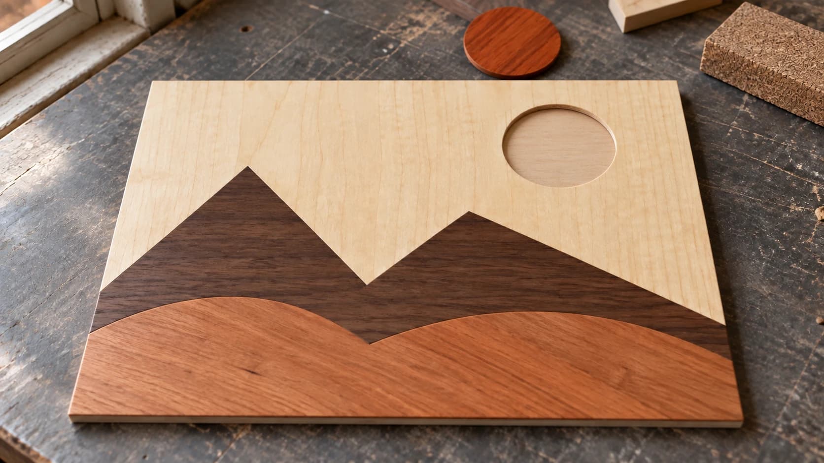 Four-wood landscape during dry fit with its padauk sun resting above the matching circular opening