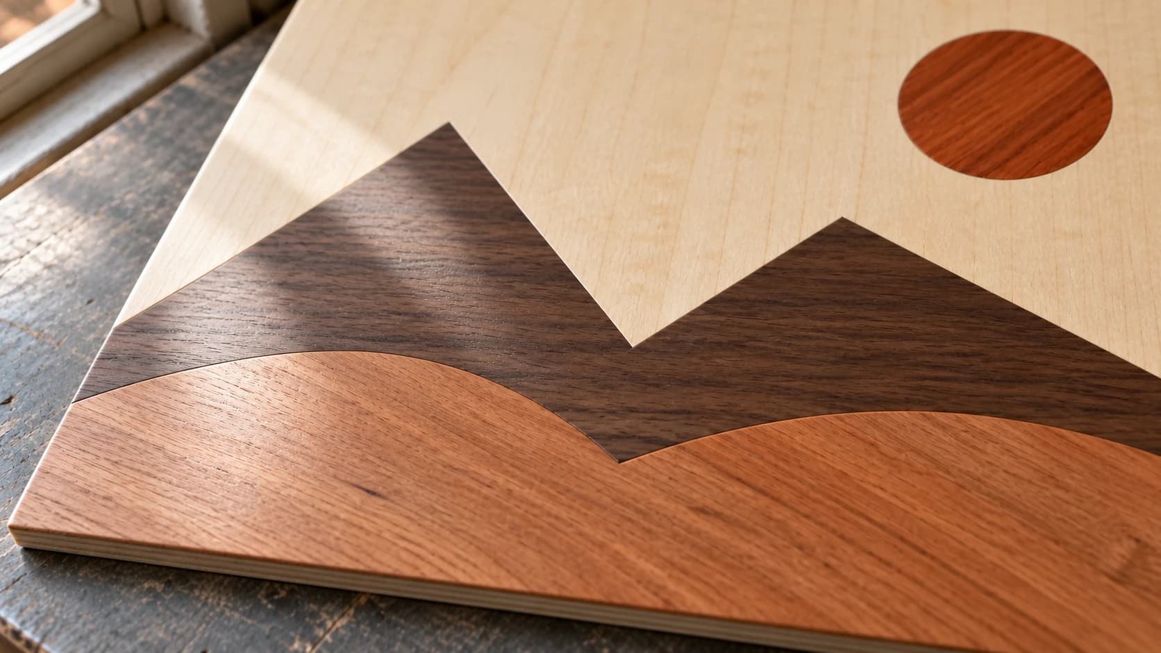 Close view of maple, walnut and cherry meeting along flush seams in the same landscape