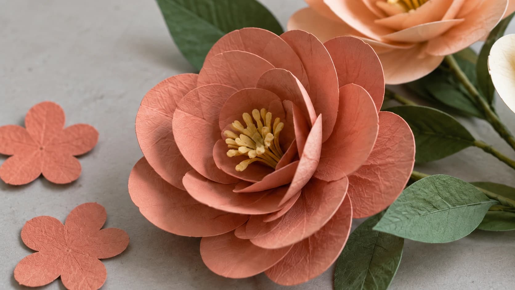 Curled coral cardstock petals in concentric glued layers