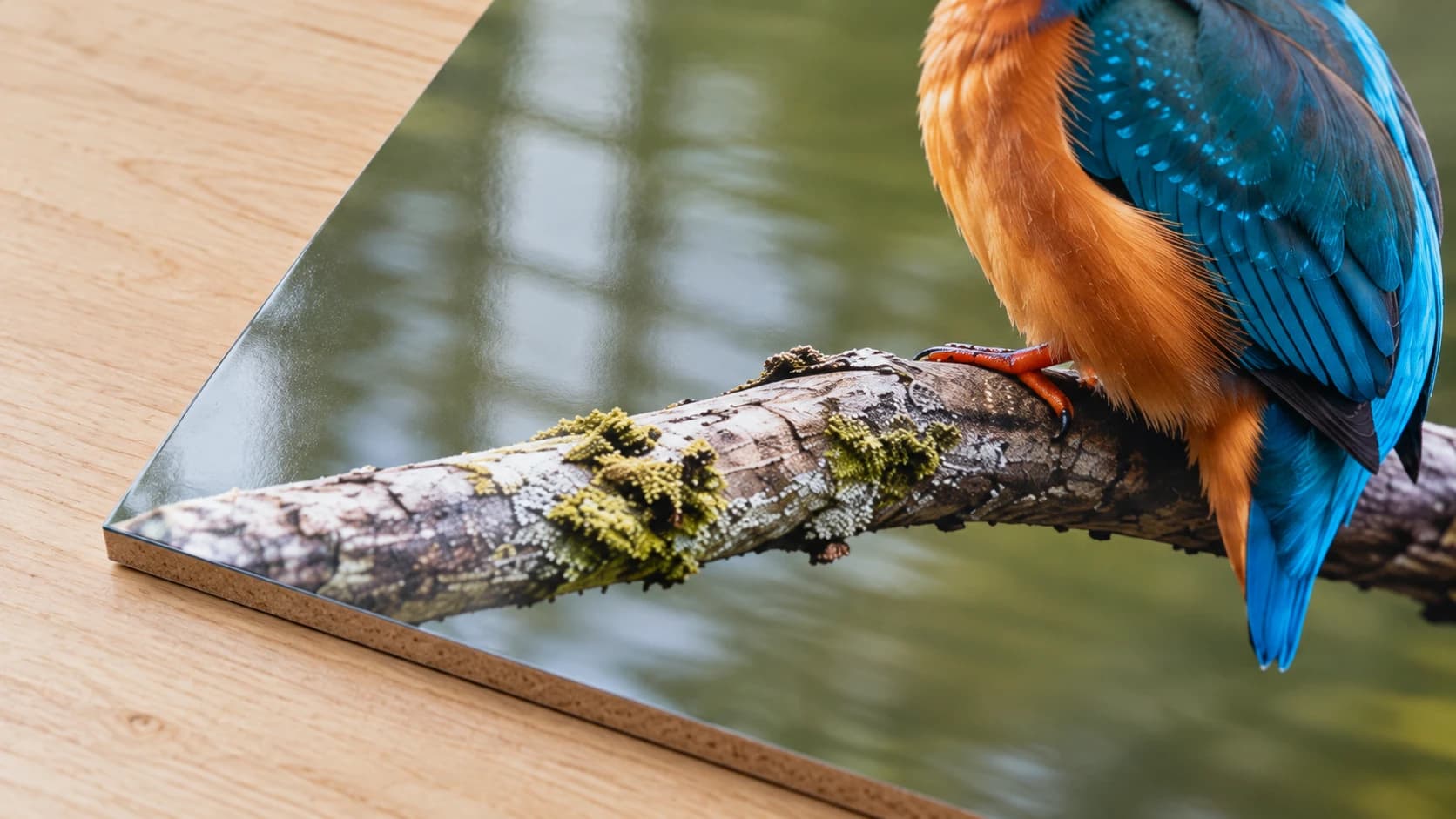 Kingfisher photo detail on a glossy coated hardboard panel