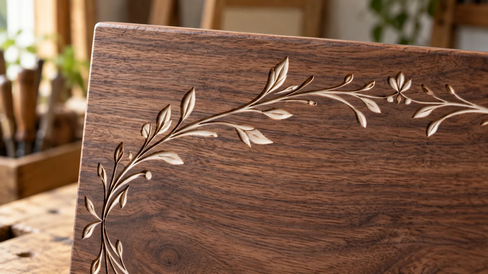 Close view of recessed cream-colored botanical carving in walnut