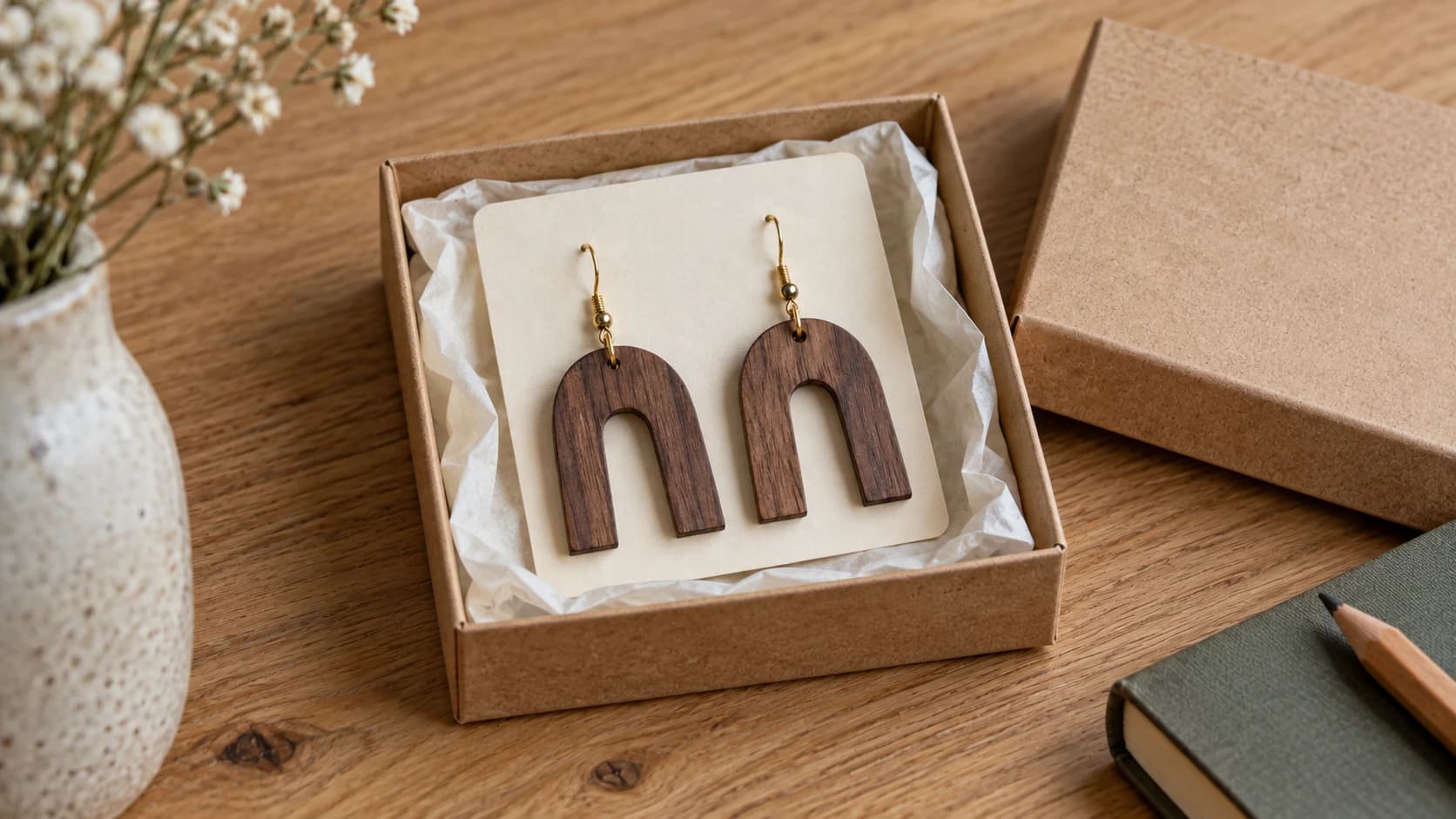 The same walnut arch earrings on their cream card inside a kraft gift box