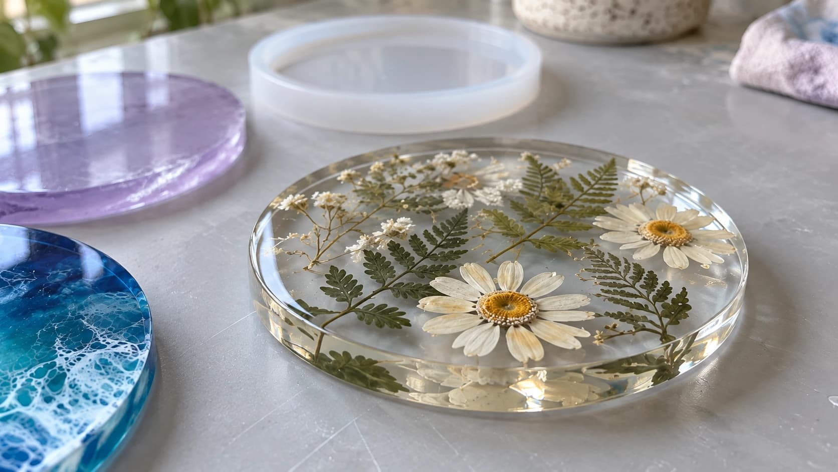 Clear resin coaster with two dried daisies and fern leaves fully enclosed below its surface