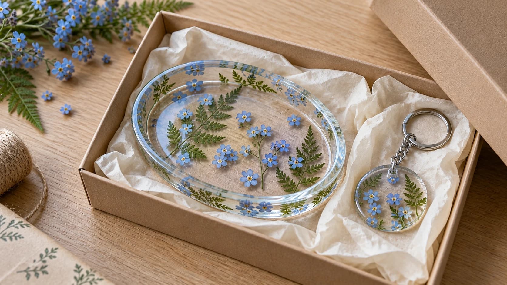 Matching clear flower dish and keychain arranged in tissue inside their kraft gift box
