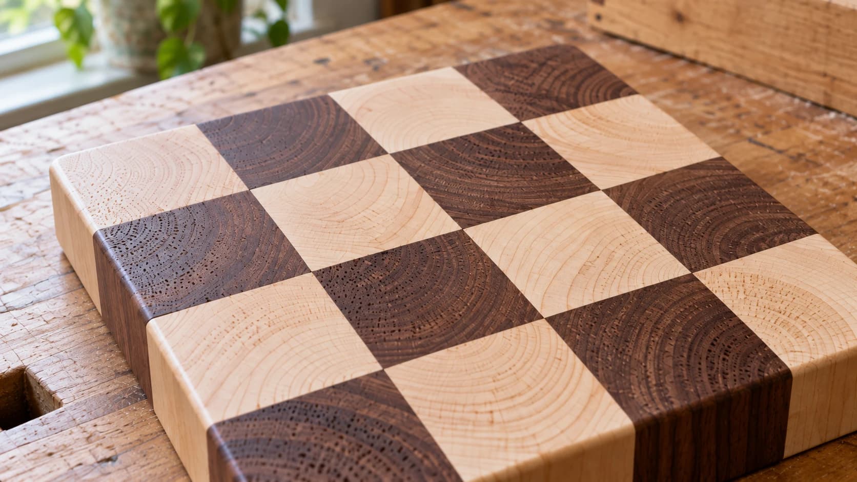 Close view of the same maple and walnut checkerboard trivet with end grain facing up
