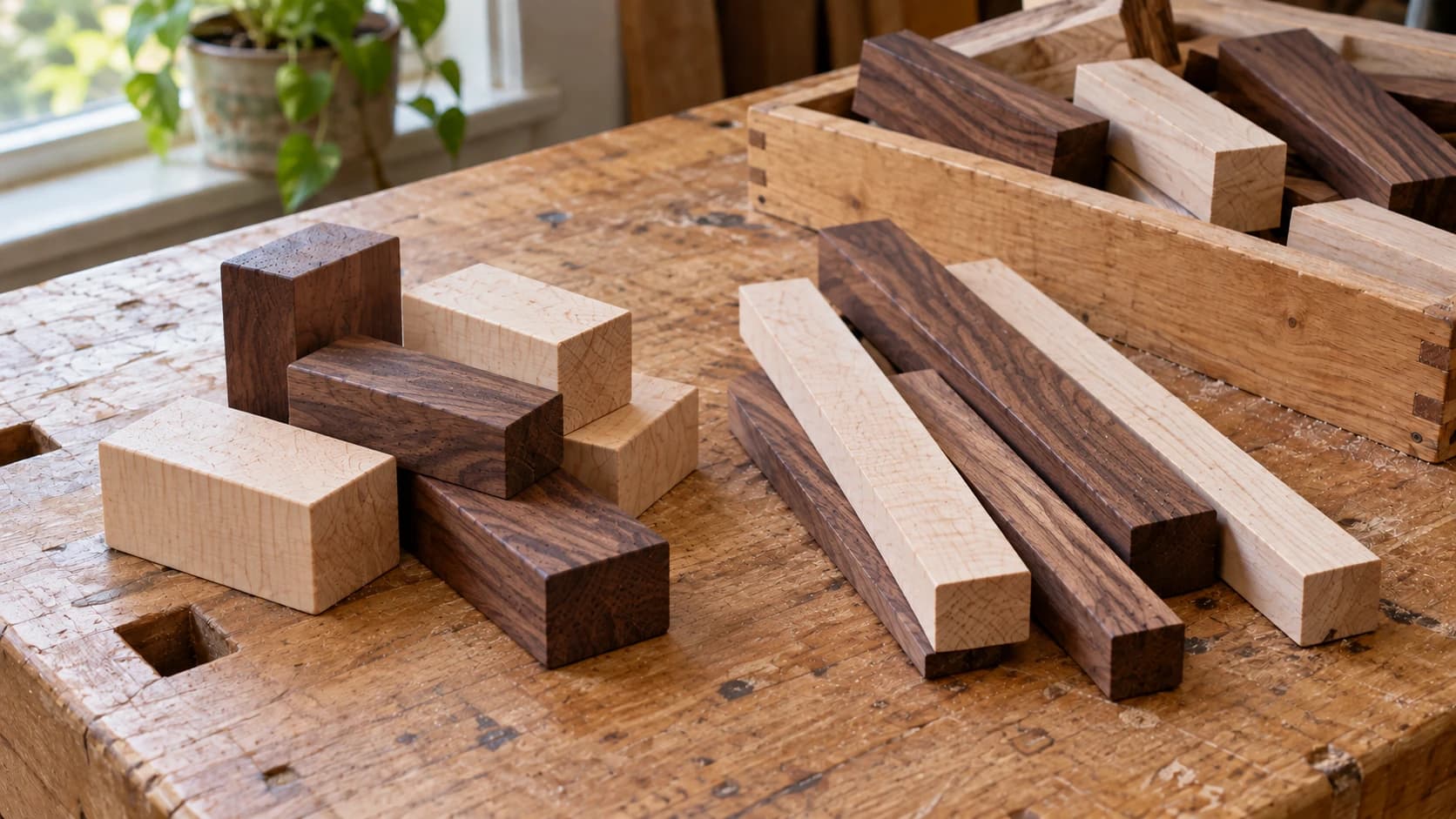 Short hardwood blocks and longer maple and walnut strips sorted on the same beech workbench