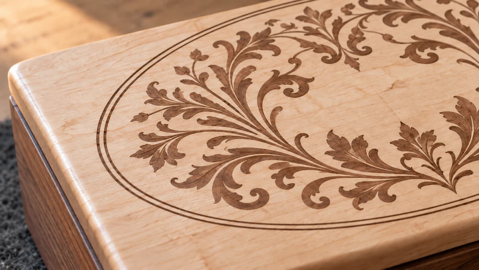 Close-up of brown scrollwork engraving and its oval border on the maple box lid