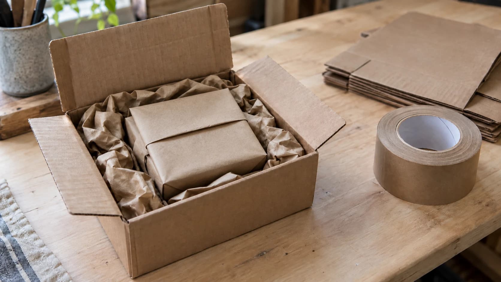 Wrapped coaster set cushioned inside the same kraft shipping box