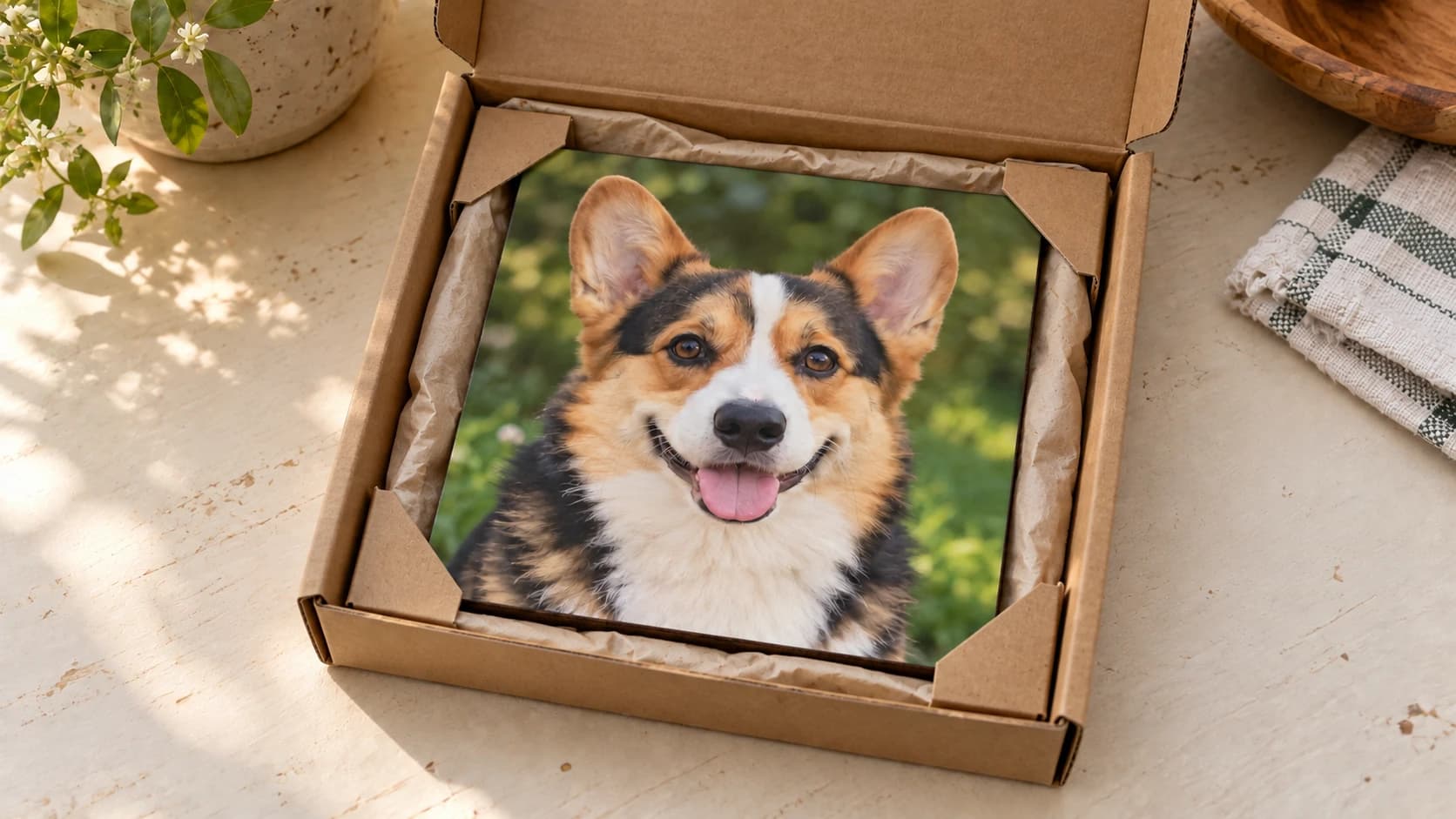 The corgi photo panel cushioned inside a kraft mailer