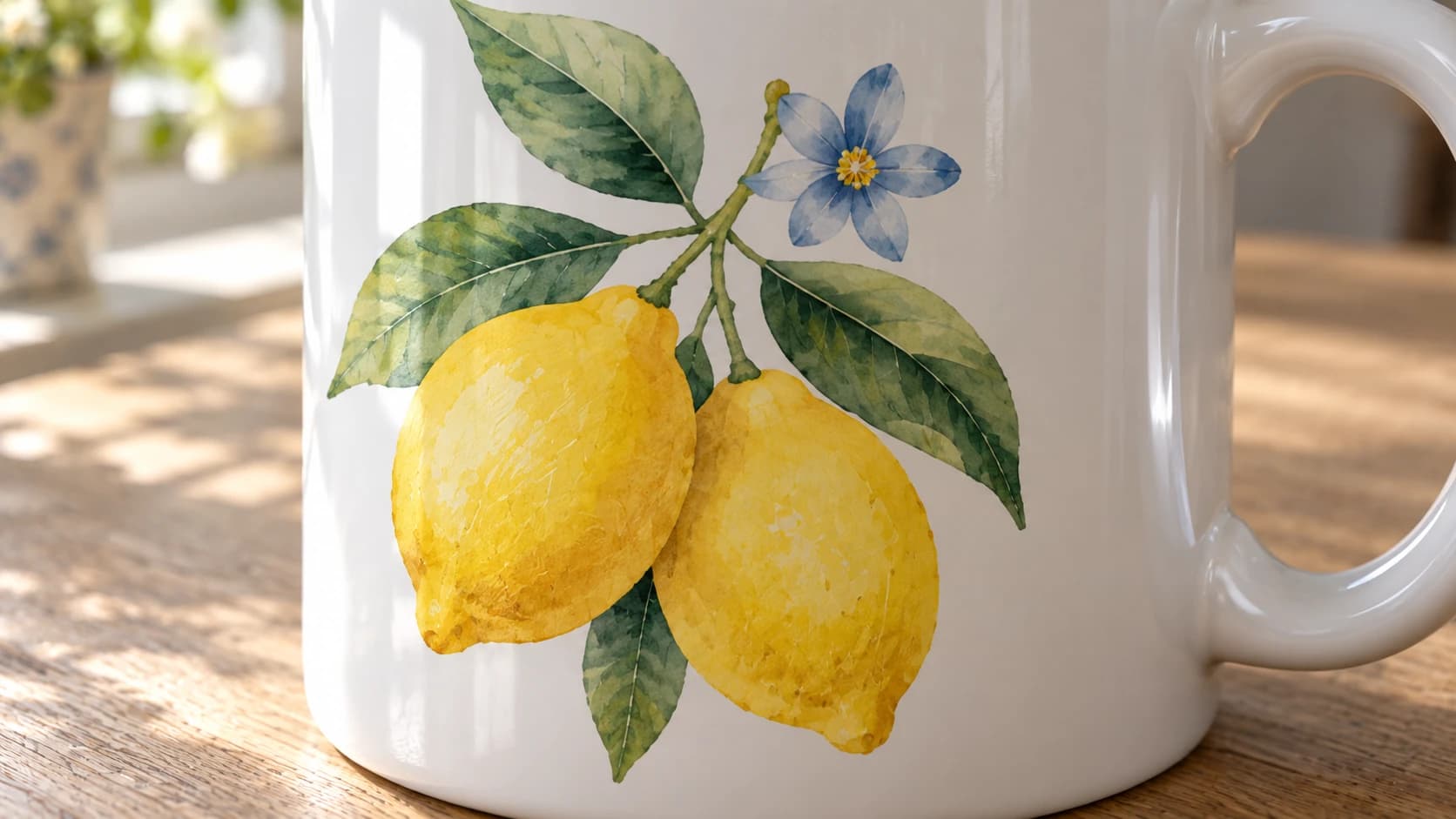 Watercolor lemon print within the glossy surface of the matching mug