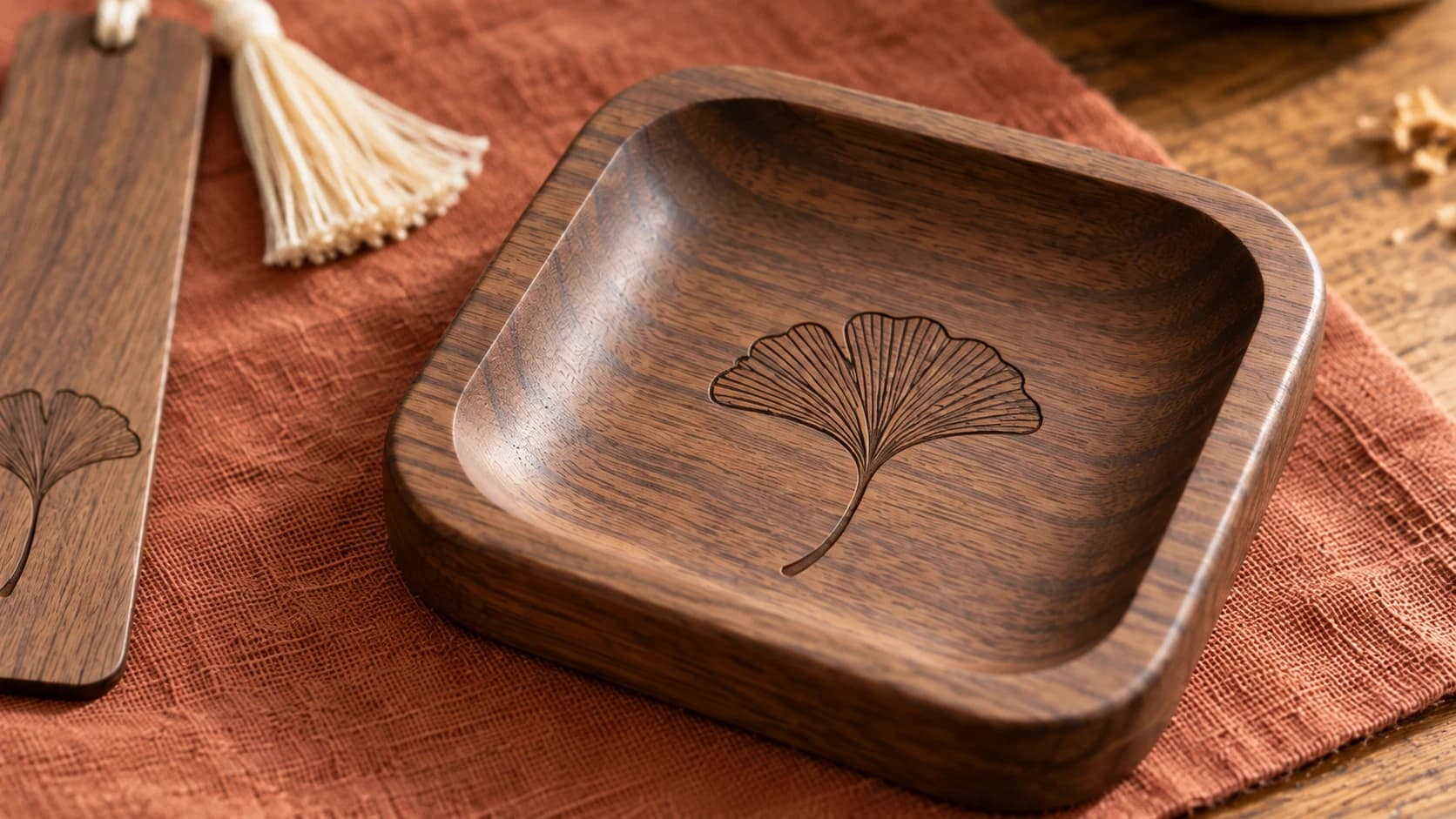 The same walnut ginkgo dish with a rounded recessed bowl and continuous grain