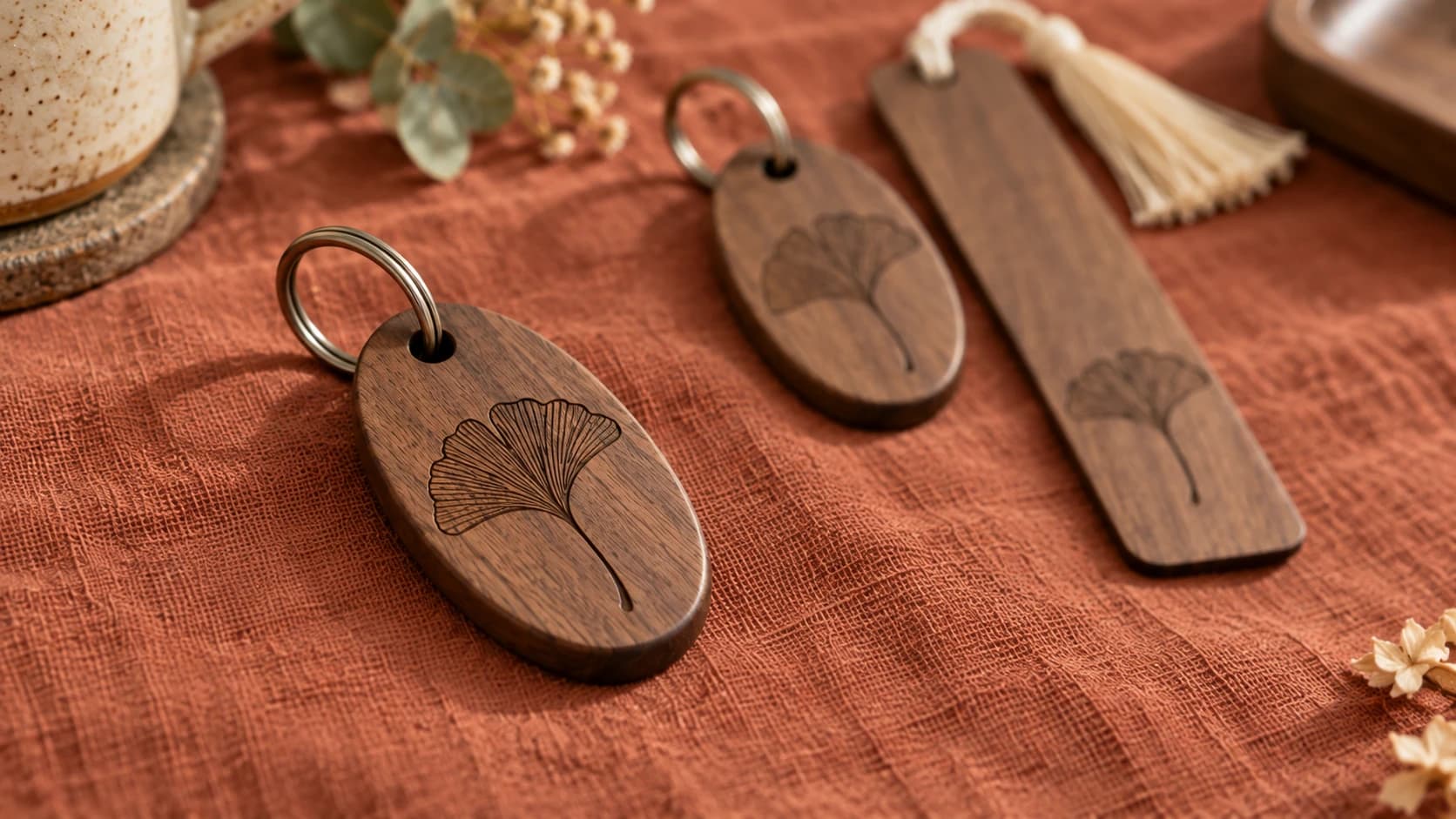 Close-up of the same walnut ginkgo key fob with its split ring through a drilled hole