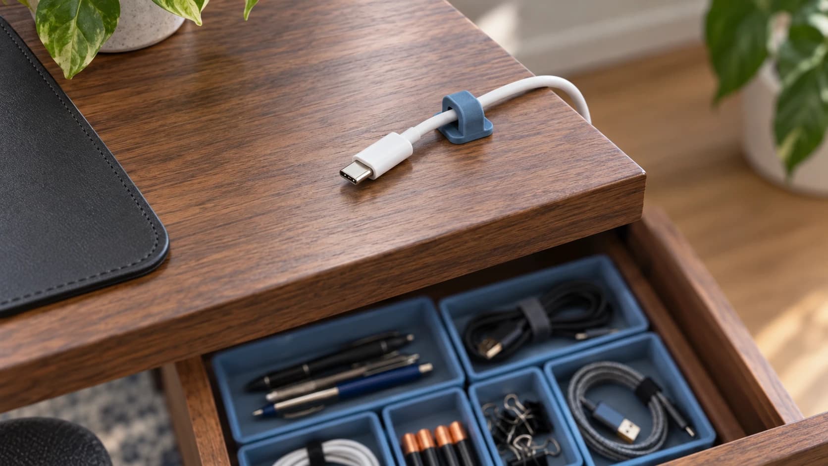 Blue printed clip keeping a white charging cable within reach on the walnut desk above its organized drawer
