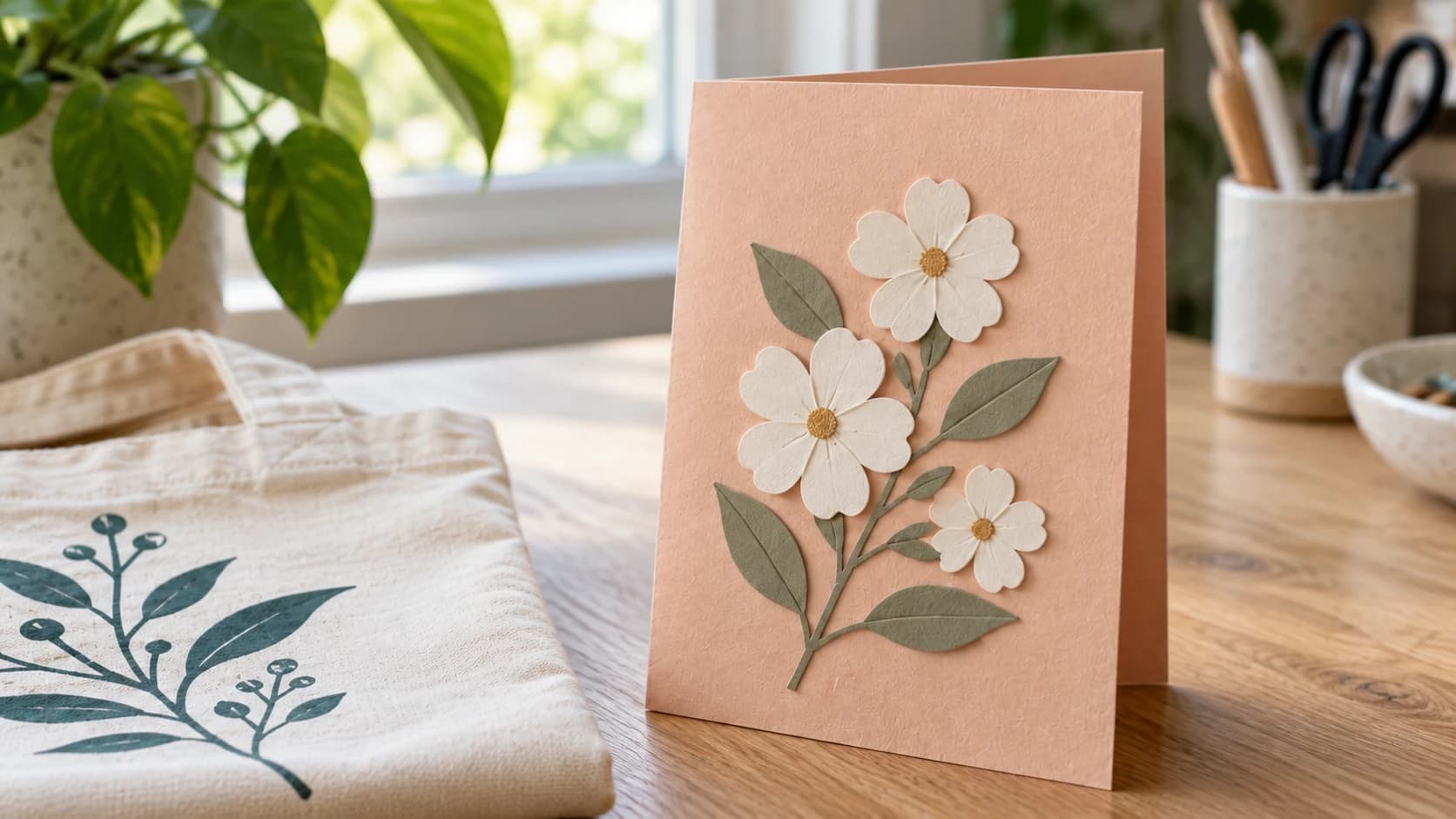 A peach greeting card with ivory paper flowers and sage leaves layered on its folded base