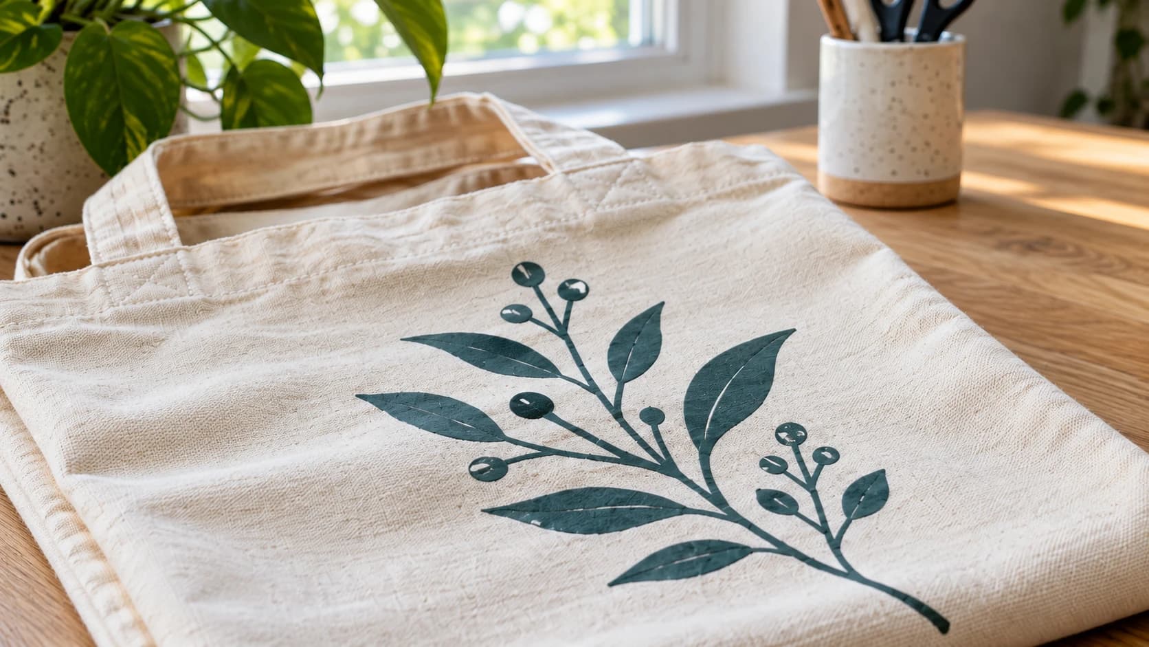 Close-up of a dark teal botanical heat-transfer design on a cream canvas tote