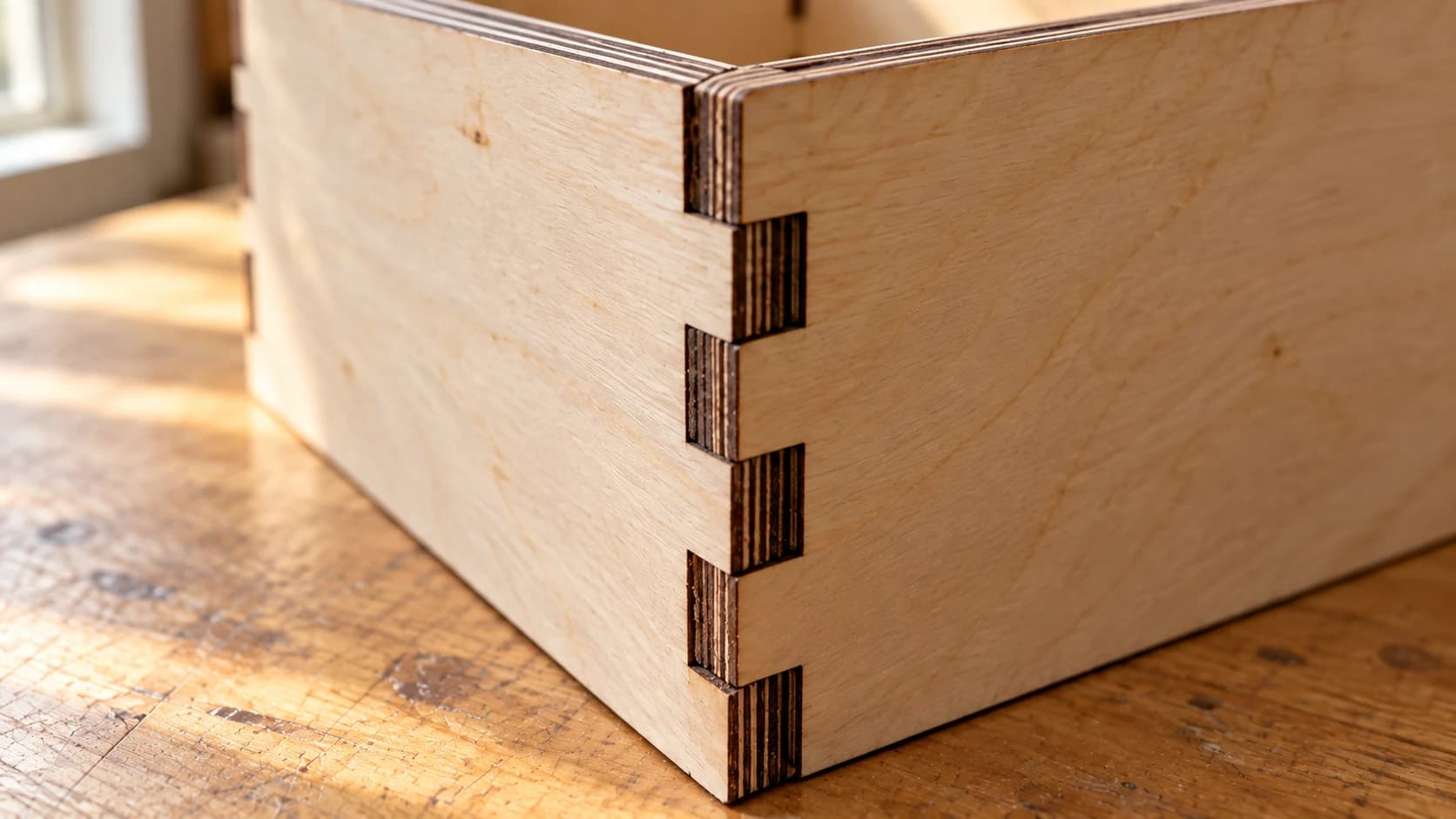 Alternating plywood fingers seated in the corner of the same box