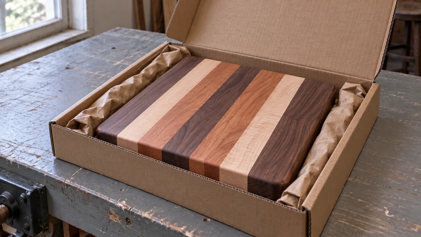 The same seven-strip cutting board in a fitted cardboard box on the gray packing bench